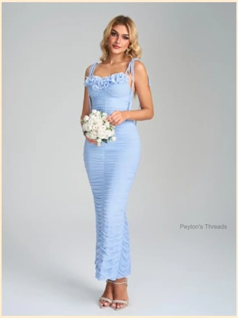 Tie Shoulder Formal Bodycon Maxi Dress Sleeveless Ruffle Ruched